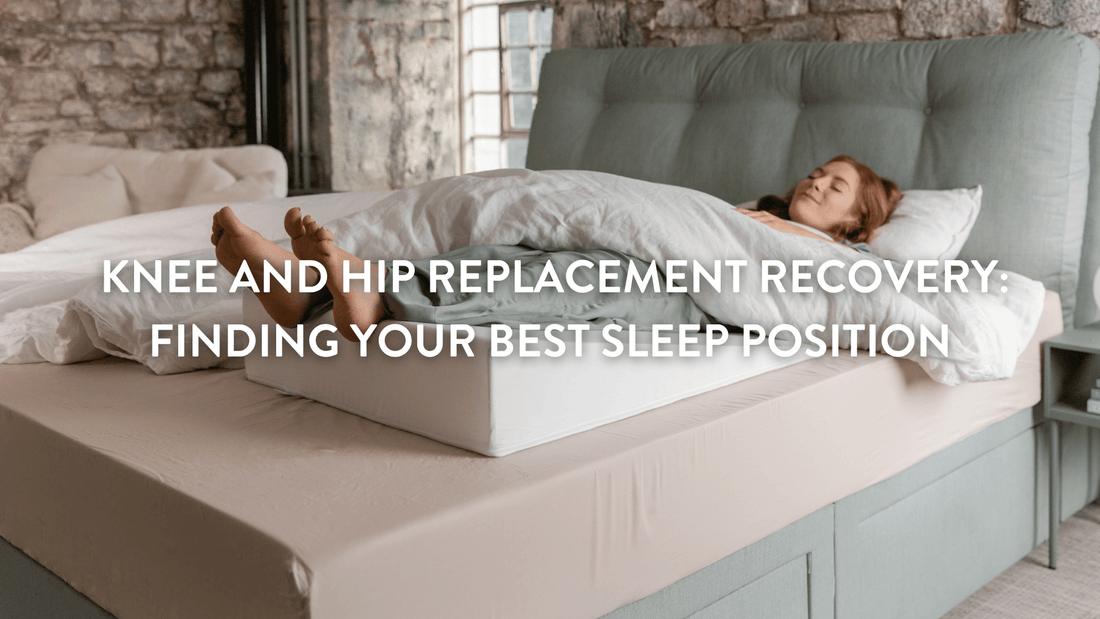 person lying in bed with legs elevated after knee surgery using a bedwedge.com bed wedge 