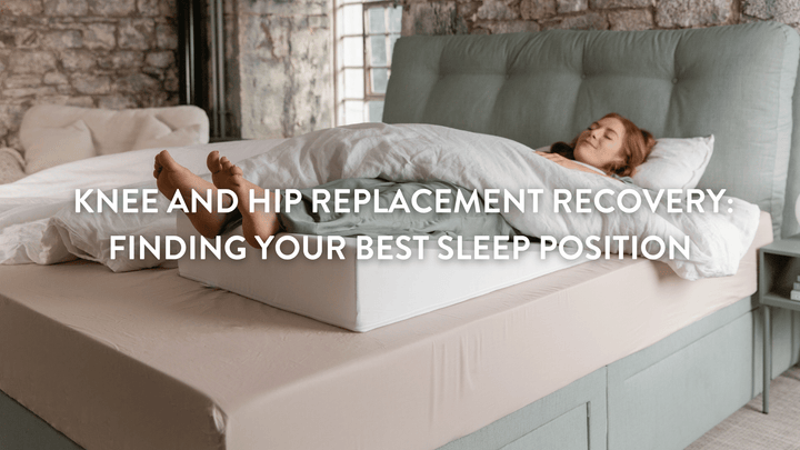 person lying in bed with legs elevated after knee surgery using a bedwedge.com bed wedge 