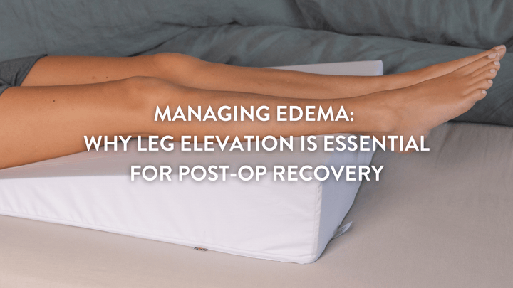 person elevating their legs on a bed wedge pillow to minimise the chance of edemas