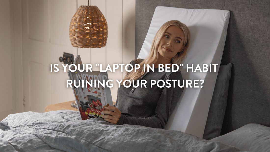 Woman using an ergonomic bed wedge for reading in bed to prevent back pain