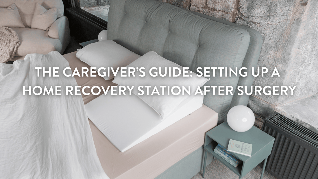 a bedroom layout adjusted for safety and recovery after surgery showing a double bed pillows and a bed wedge