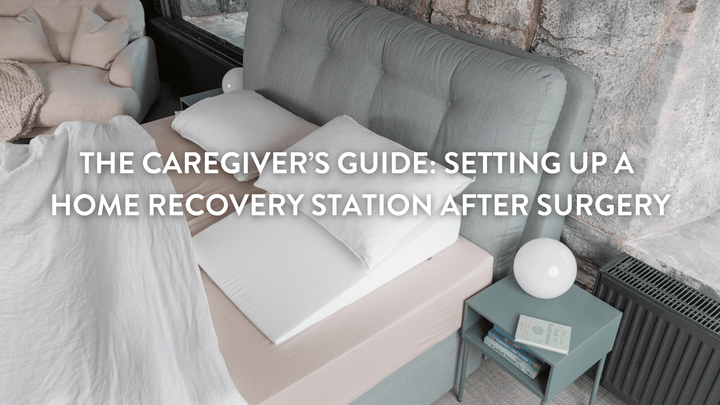 a bedroom layout adjusted for safety and recovery after surgery showing a double bed pillows and a bed wedge