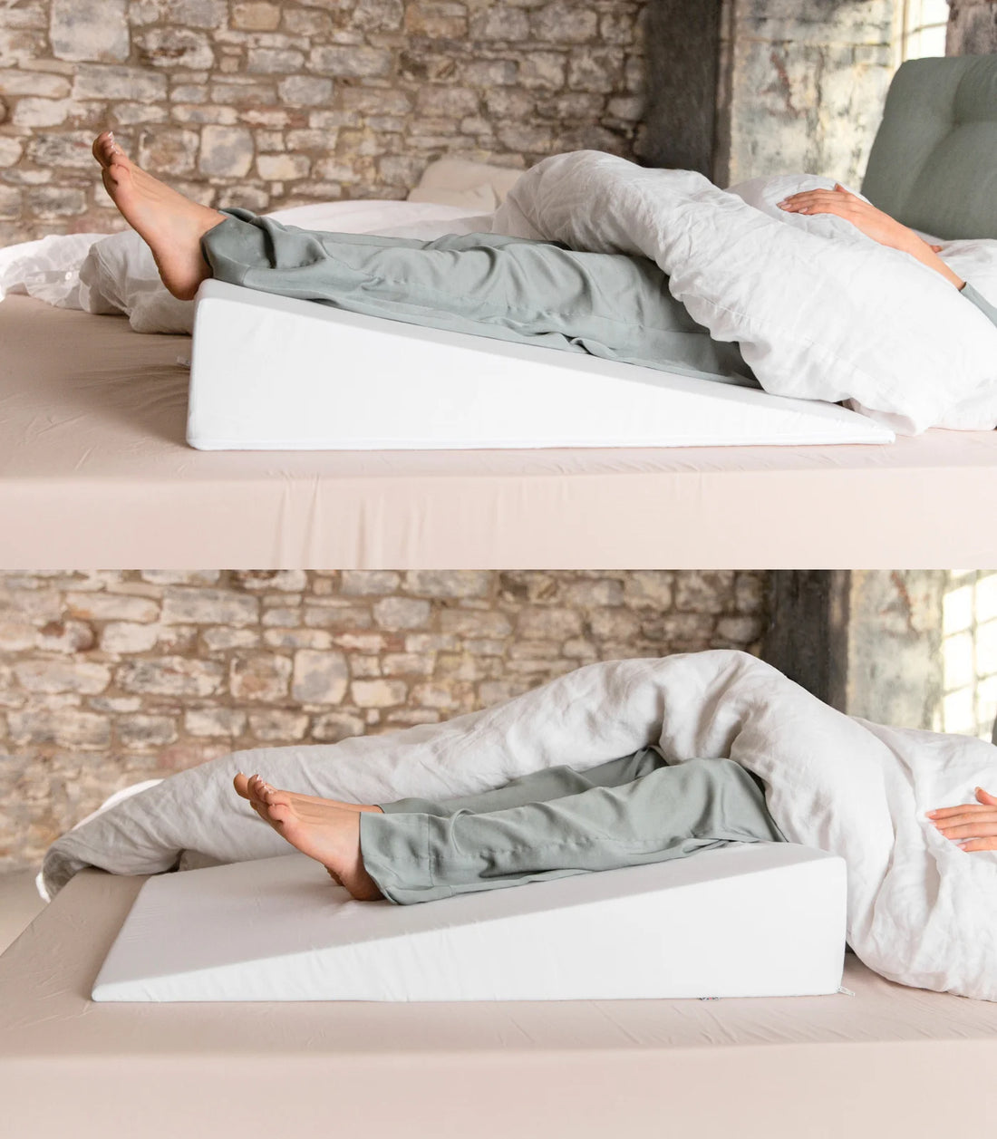 a bed wedge pillow used to raise up your knees and feet comfortably in bed